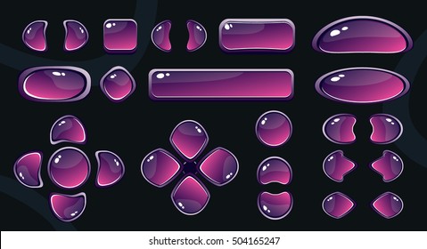 Conjunto de botones violeta brillante sobre fondo oscuro. Ilustración del vector