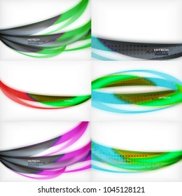 Set of glossy wave vector backgrounds, vector wavy lines with light effects and texture, digital hitech futuristic templates. Vector illustration