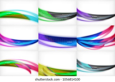 Set of glossy wave vector backgrounds, vector wavy lines with light effects and texture, digital hitech futuristic templates. Vector illustration
