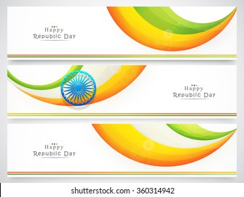 Juego de lustrosos encabezados de sitios web o pancartas con olas de colores de la bandera nacional y Rueda Ashoka para la celebración del Día de la República India Feliz.