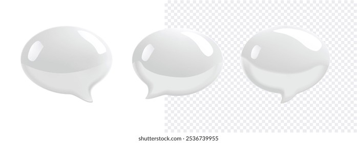 Set of glossy white speech bubble icons reflective surface, isolated on a transparent background. Perfect for adding dialogue or comments in digital designs, chat interfaces, and social media graphics