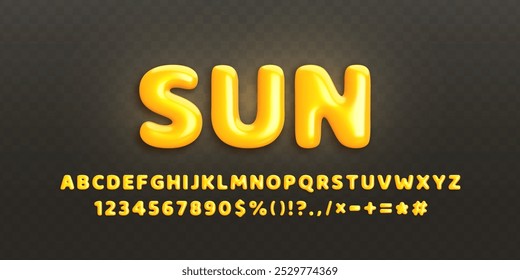 Conjunto de letras y números 3D amarillos brillantes de 0 a 9 en estilo realista. Alfabeto inglés completo con signos de puntuación, símbolos sobre fondo negro. Fuente de plástico decorativa. Ilustración vectorial