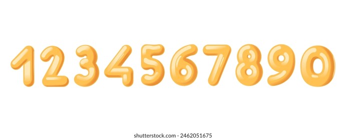 Set Of Glossy Yellow Cartoon-style 3d Numbers From One To Zero Isolated On White Background. Bubbly Digits