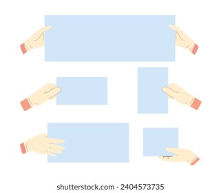 Set of gloved hands holding white cards. Advertising template. Horizontal and vertical banners. Doctor or nurse arms. Medical empty paper poster. Cartoon flat isolated vector concept