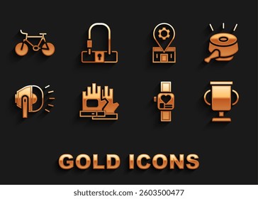 Set Gloves, Bicycle bell, Award cup with bicycle, Smart watch, head lamp, repair service,  and lock icon. Vector
