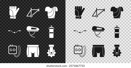 Set Gloves, Bicycle frame, Cycling t-shirt, Stopwatch, shorts, Derailleur bicycle rear, handlebar and helmet icon. Vector