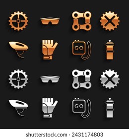 Set Gloves, Bicycle sprocket crank, Sport bottle with water, Stopwatch, helmet, chain,  and cycling sunglasses icon. Vector