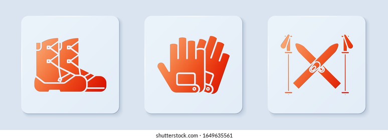 Set Gloves, Boots and Ski and sticks. White square button. Vector