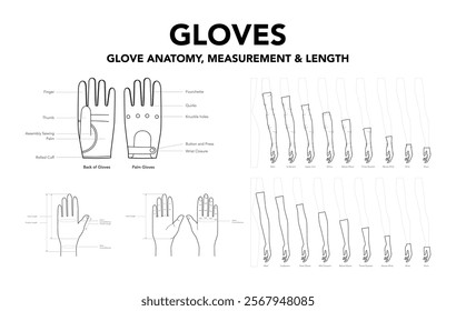 Set of Gloves details - Measurement, Length, anatomy technical fashion accessory illustration. Flat hand garment template view. Women men unisex CAD mockup isolated on white background