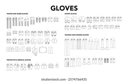 Set of Gloves - Evening Winter Warm Sports and Protective Medical Fashion with names hand accessory clothing technical illustration garment. Vector flat template cartoon isolated on white background