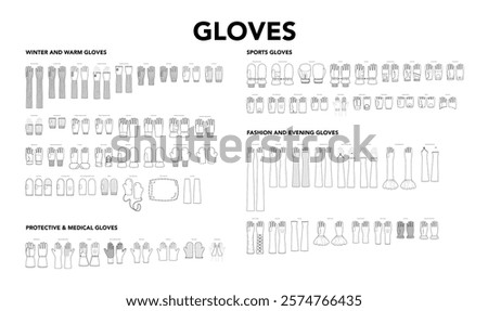 Set of Gloves - Evening Winter Warm Sports and Protective Medical Fashion with names hand accessory clothing technical illustration garment. Vector flat template cartoon isolated on white background