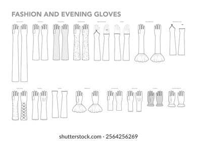 Set of Gloves - Fashion and Evening with names hand accessory clothing technical illustration garment. Vector for Men, women, unisex flat template CAD cartoon style isolated on white background
