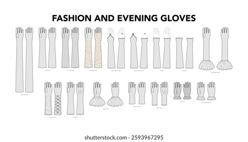 Set of Gloves - Fashion and Evening with names hand accessory clothing technical illustration garment. Vector for Men, women, unisex flat template CAD cartoon style isolated on white background