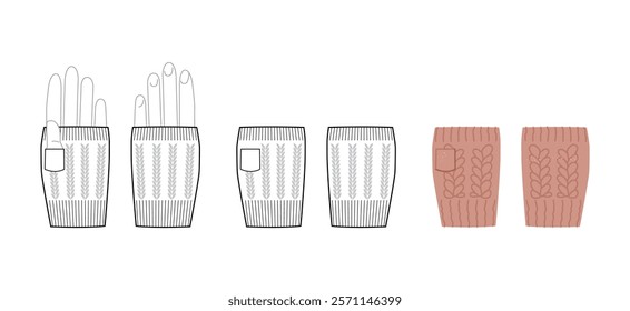 Set of Gloves Fingerless Knit Wool Short length rose beige cartoon and flat mockup sketch outline Fashion hand accessory clothing technical illustration garment. Vector for Men, women style template