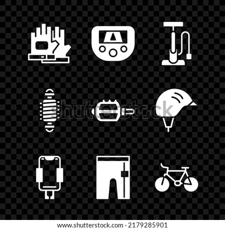 Set Gloves, Gps device with map, Bicycle air pump, Mobile holder, Cycling shorts, suspension and pedal icon. Vector
