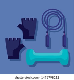set of gloves with jumping rope and dumbbell