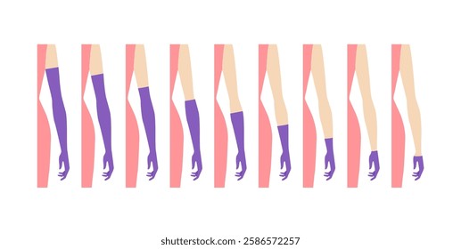 Set of Gloves Length Chart diagram with name text purple pink cartoon Elbow Short Wrist Fashion hand accessory clothing technical illustration garment. Vector for Men women unisex style flat template