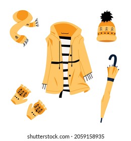 
set of gloves, mittens, hat, scarf, umbrella, coat. Vector cartoon illustration. Winter. Autumn. clothing