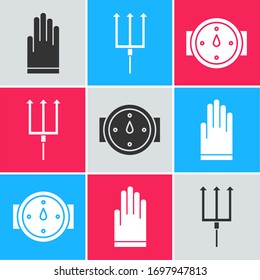Set Gloves, Neptune Trident and Wind rose icon. Vector
