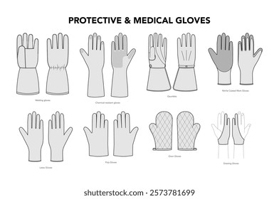 Set of Gloves - Protective Medical Fashion with names hand accessory clothing technical illustration garment. Vector for Men, women, unisex flat template CAD cartoon style isolated on white background