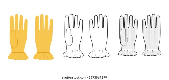 Set of Gloves With Ruffled Cuff yellow cartoon, mesh and sketch outline Fashion hand accessory clothing technical illustration garment. Vector front palm back view for Men, women style flat template