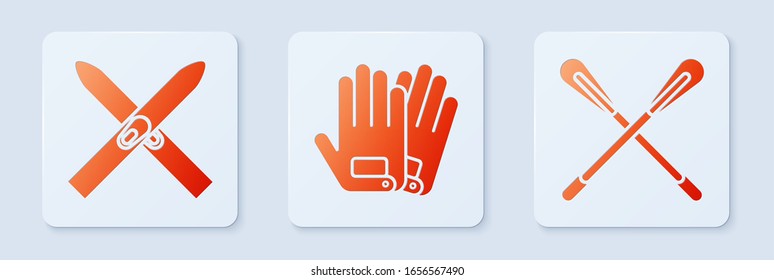 Set Gloves, Ski and sticks and Crossed paddle. White square button. Vector