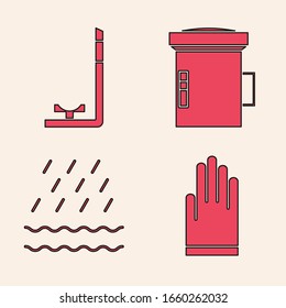 Set Gloves, Snorkel, Big flashlight for diver and Rain and waves icon. Vector