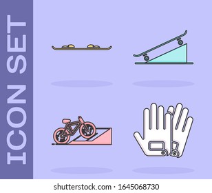 Set Gloves, Snowboard, Bicycle on street ramp and Skateboard on street ramp icon. Vector