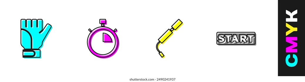 Set Gloves, Stopwatch, Bicycle air pump and Ribbon in finishing line icon. Vector