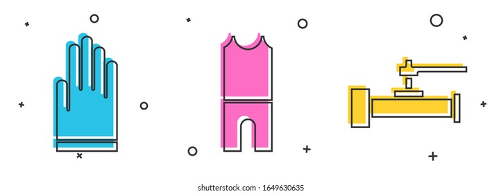 Set Gloves, Wetsuit for scuba diving and Industry metallic pipes and valve icon. Vector