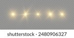 Set of glow bright stars, flare of sunshine with rays, star burst with brilliance, yellow glowing light burst on a transparent background, golden light effect, yellow sun rays, vector illustration.