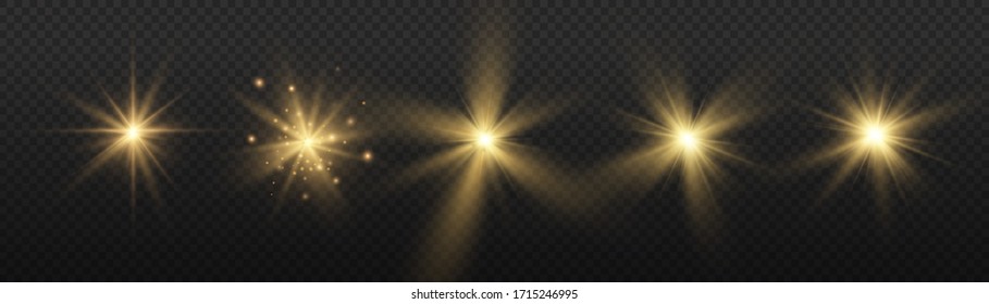 Set of glow bright stars, flare of sunshine with rays, star burst with brilliance, yellow glowing light burst on a transparent background, golden light effect, yellow sun rays, vector illustration.