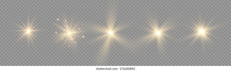 Set of glow bright stars, flare of sunshine with rays, star burst with brilliance, yellow glowing light burst on a transparent background, golden light effect, yellow sun rays, vector illustration.