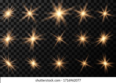 Set of glow bright stars, flare of sunshine with rays, star burst with brilliance, yellow glowing light burst on a transparent background, golden light effect, yellow sun rays, vector illustration