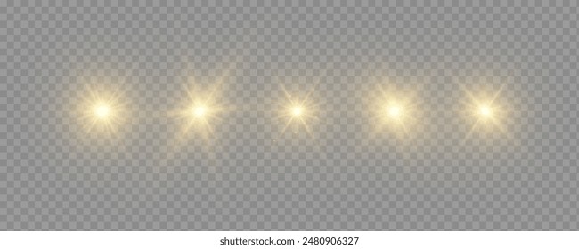 Set of glow bright stars, flare of sunshine with rays, star burst with brilliance, yellow glowing light burst on a transparent background, golden light effect, yellow sun rays, vector illustration.