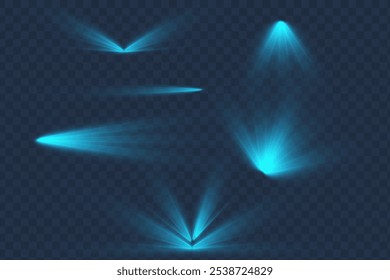 Set of glow bright stars, flare of sunshine with rays, star burst with brilliance, blue glowing light burst on a transparent background, golden light effect, blue sun rays, vector illustration.