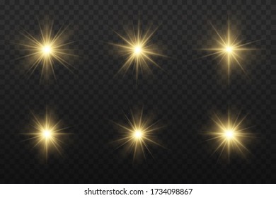 Set of glow bright stars, yellow glowing light burst on a transparent background, flare of sunshine with rays, star burst with brilliance, golden light effect, yellow sun rays, vector illustration.