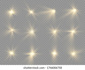 Set of glow bright stars, yellow sun rays, golden light effect, yellow glowing light burst on a transparent background, flare of sunshine with rays, star burst with brilliance, vector illustration.