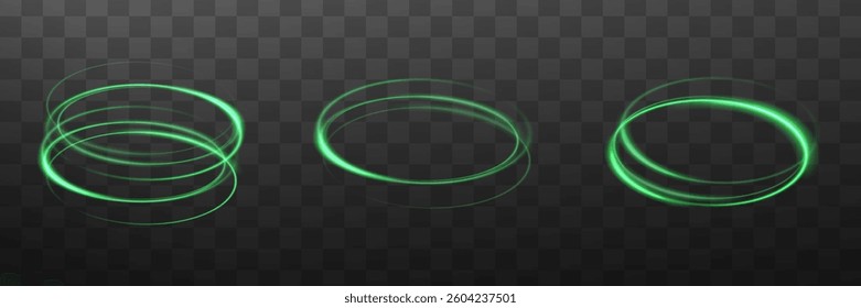 A set of glow effects. Round light frame. Group of Green neon rings. Abstract light lines of motion and speed. Light green ellipse. Glow circle.