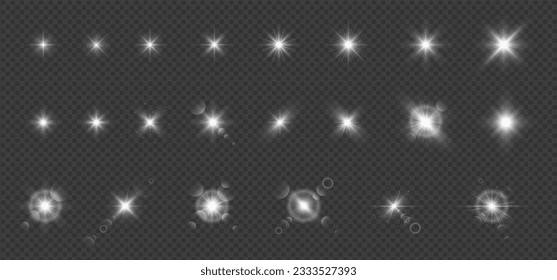 Conjunto de efecto luminoso de brillo con destellos, lente de cámara, flash solar, chispa de fuego y estrella de brillo aislado en el fondo negro. Brillantes ráfagas de rayos solares o luces de movimiento para el diseño de fiesta navideña.