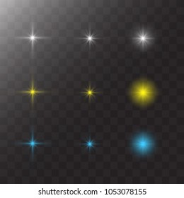 Set of Glow Light Effect Stars. Star Sparkles. Isolated vector on transparent background. Christmas celebrate, magic flash ray. Creative Vector