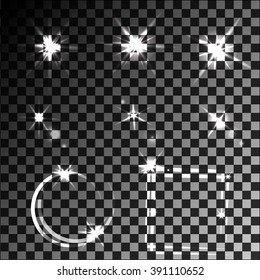 Set of glow light effect stars bursts with sparkles isolated on black background. Graphics frames with effect stars bursts.