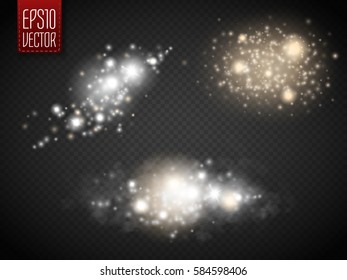 Set of glow light effect stars bursts with sparkles isolated on transparent background. Sparkling magic dust particles with smoke. Vector illustration