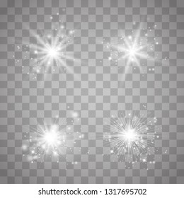 Set glow light effect with white sparks and golden stars shine with special light.White glowing light. Star Light from the rays. The sun is backlit. Bright beautiful star. Sunlight. EPS10.