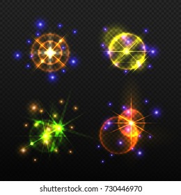 Set of glow light effects isolated on a transparent background. Multicolored set of bright flash and flare in the form of stars. Vector illustration.