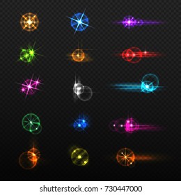 Set of glow light effects isolated on a transparent background. Multicolored set of bright flash and flare in the form of stars. Vector illustration.