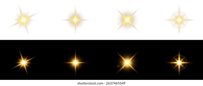 Set of Glow light effects, lens flare, explosion, glitter, line, sparkle and star. Transparent vector sunlight effect with lens flare, sunbeams and smooth light transition. PNG