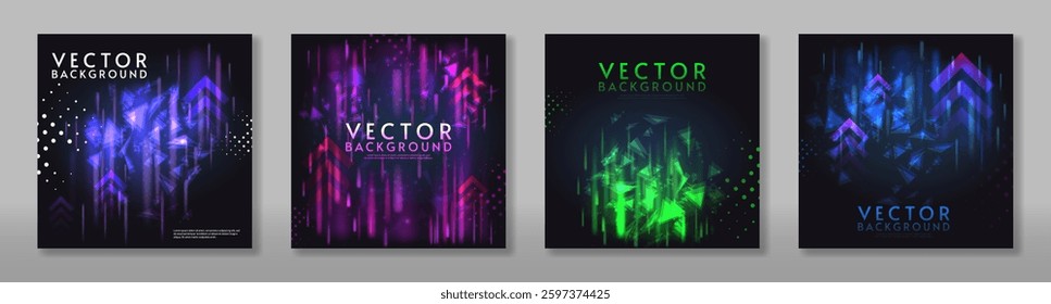 Set of glow lights elements design on dark background. Bright light. Northern lights. Vector illustration. Design for card, banner. 