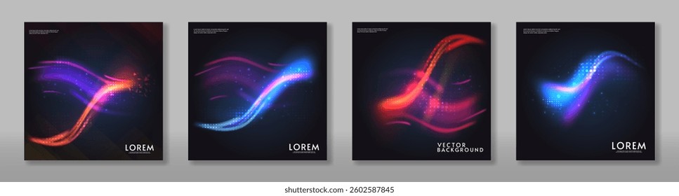 Set of glow lights elements design on dark background. Bright light. Northern lights. Vector illustration. Design for card, banner. 
