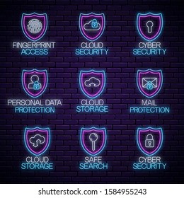 Set of glow neon secure signs. Internet protection technology glowing symbols collection. Vector illustration. Web security, data protect, network safety emblems.